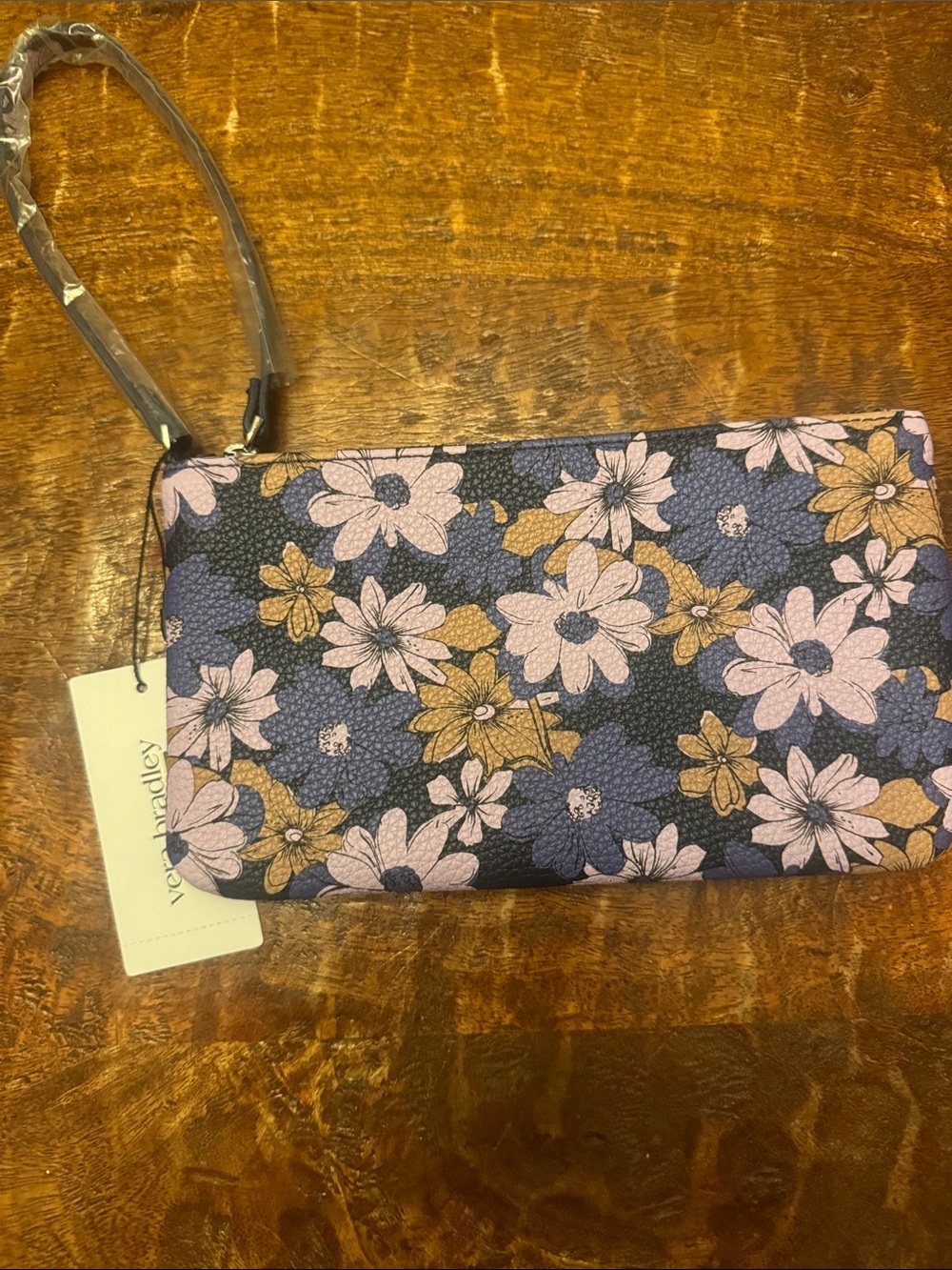 Vera Bradley Navy Wristlet with Pink & Gold Floral Print